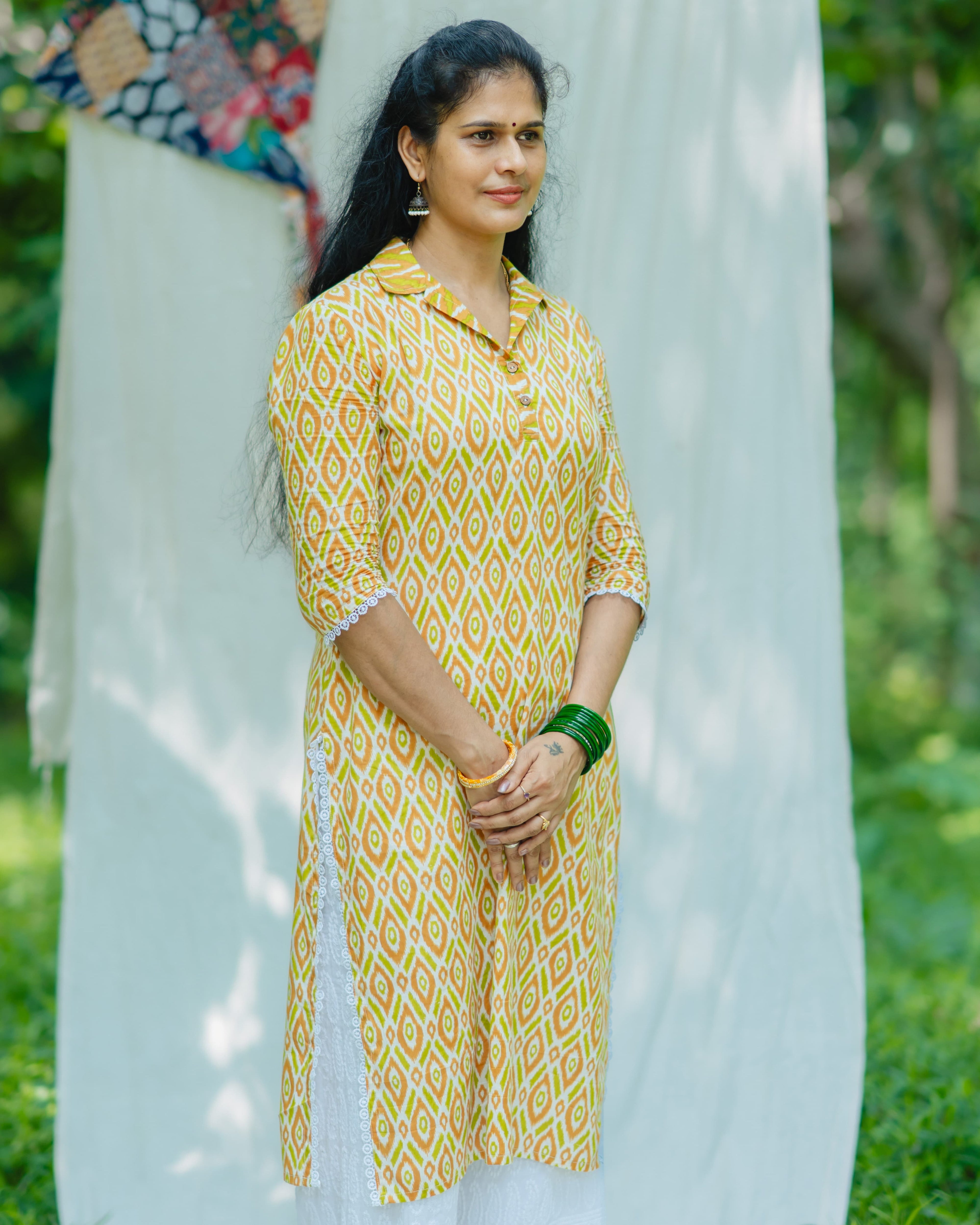 Anitha Ochre - Collar Neck Long Kurta Ehkaaya X Her Untold