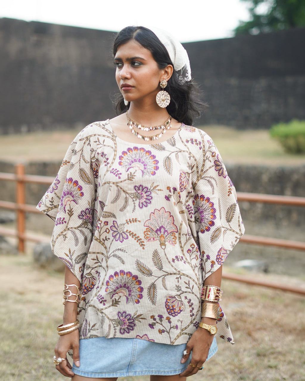 Idam Beige - Half Sleeves Cotton Printed Kaftan