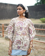 Idam Beige - Half Sleeves Cotton Printed Kaftan