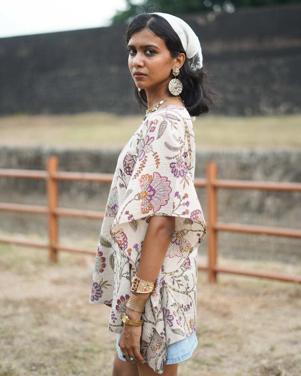 Idam Beige - Half Sleeves Cotton Printed Kaftan