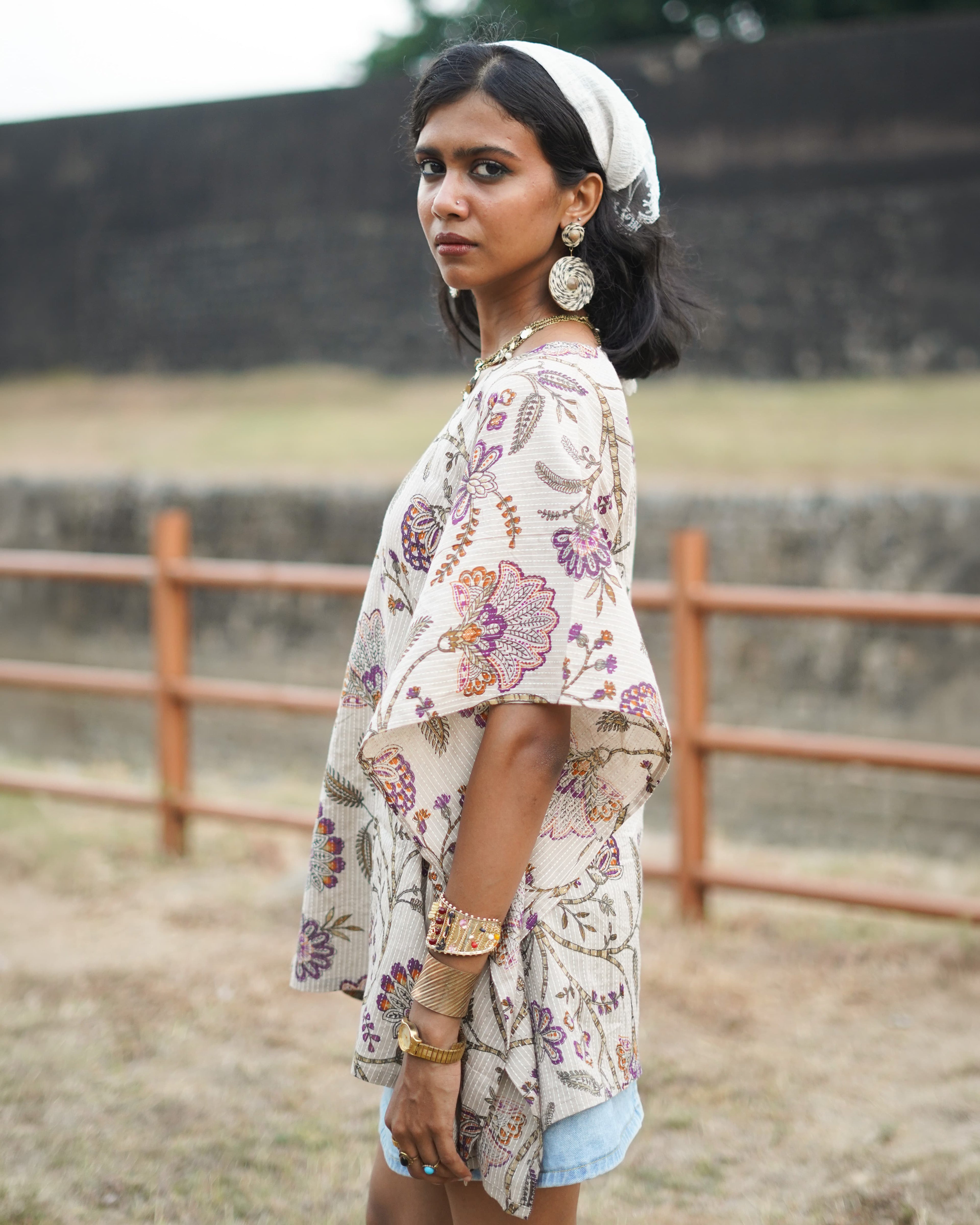 Idam Beige - Half Sleeves Cotton Printed Kaftan