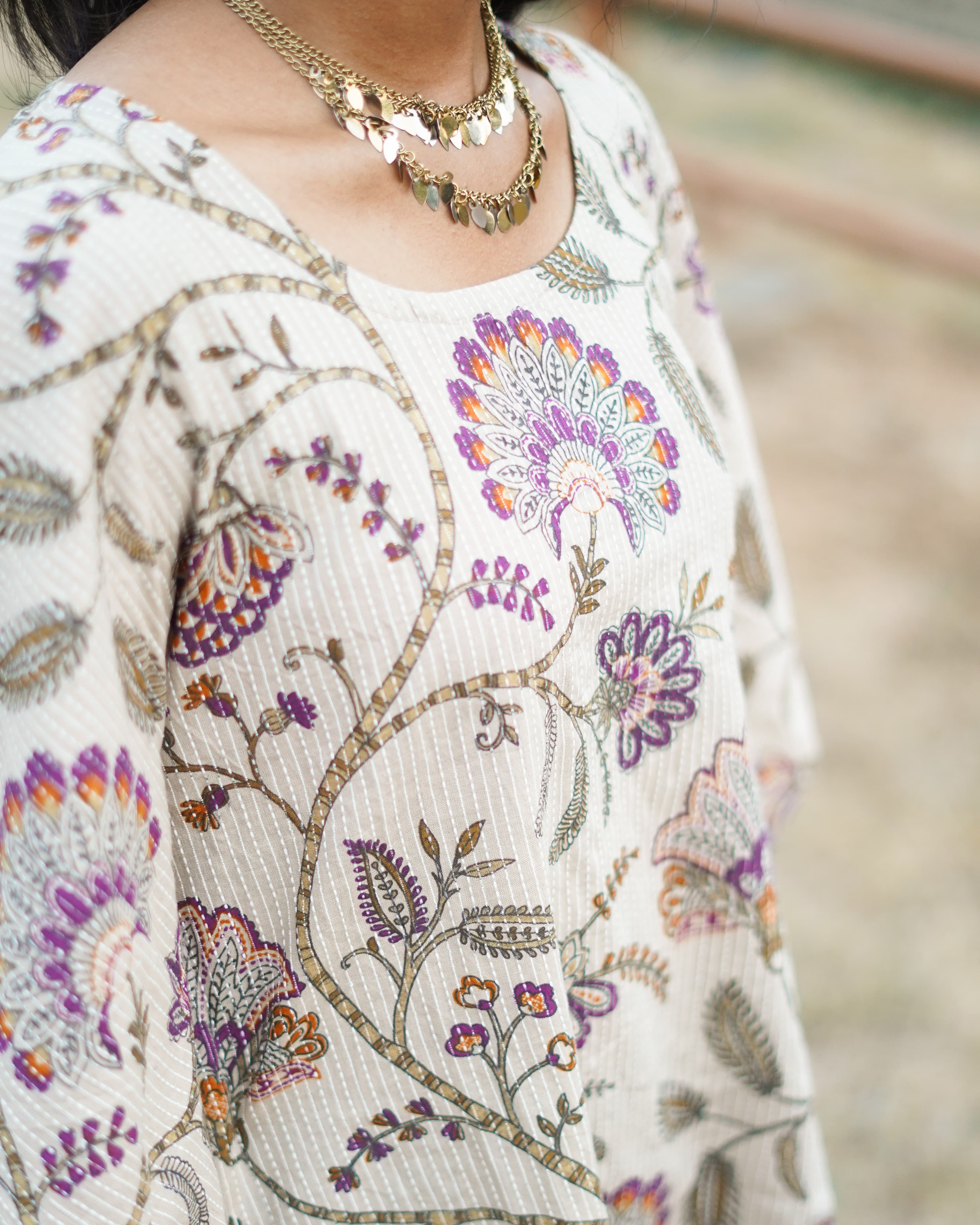 Idam Beige - Half Sleeves Cotton Printed Kaftan