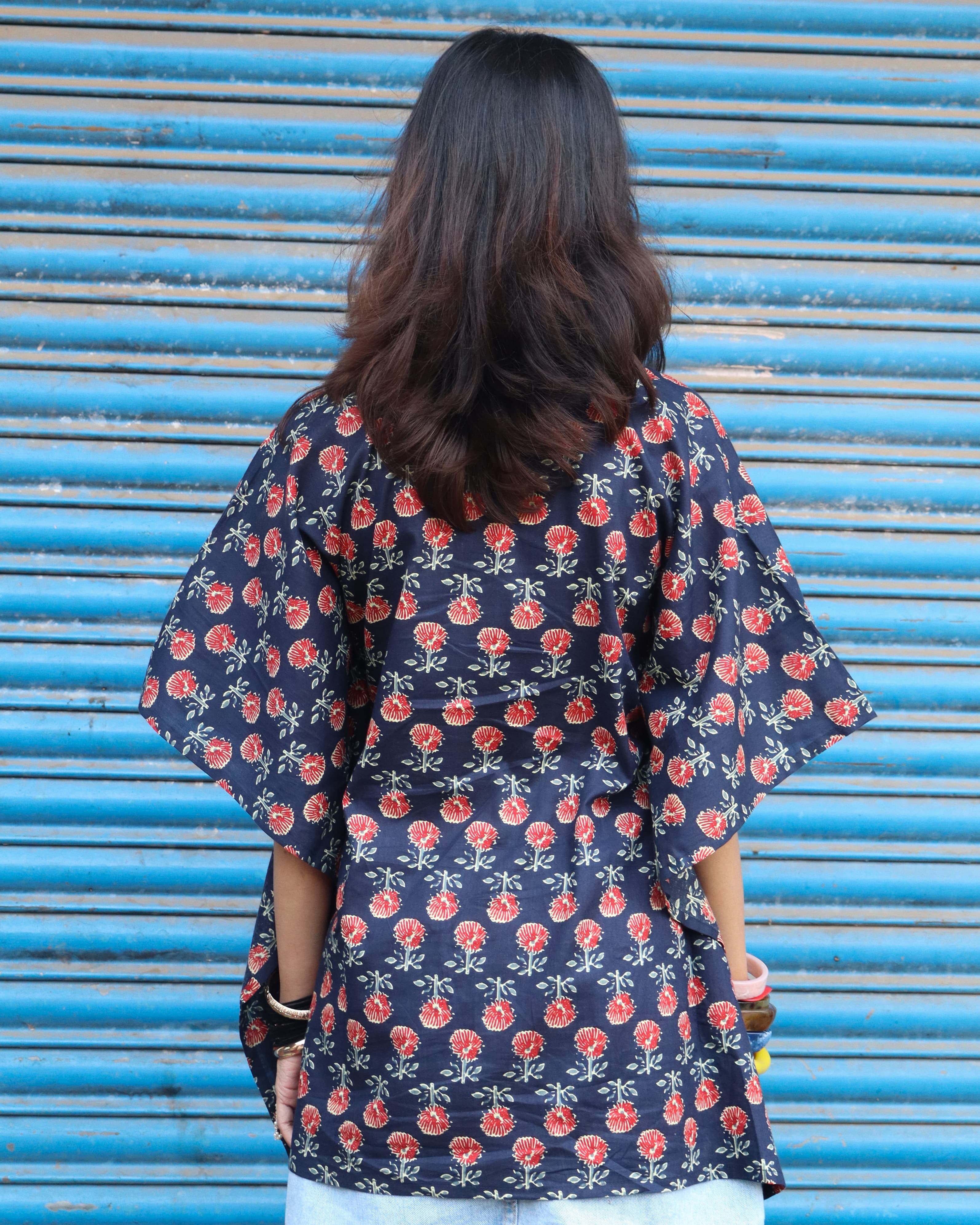 Idam Indigo - Half Sleeves Cotton Printed Kaftan
