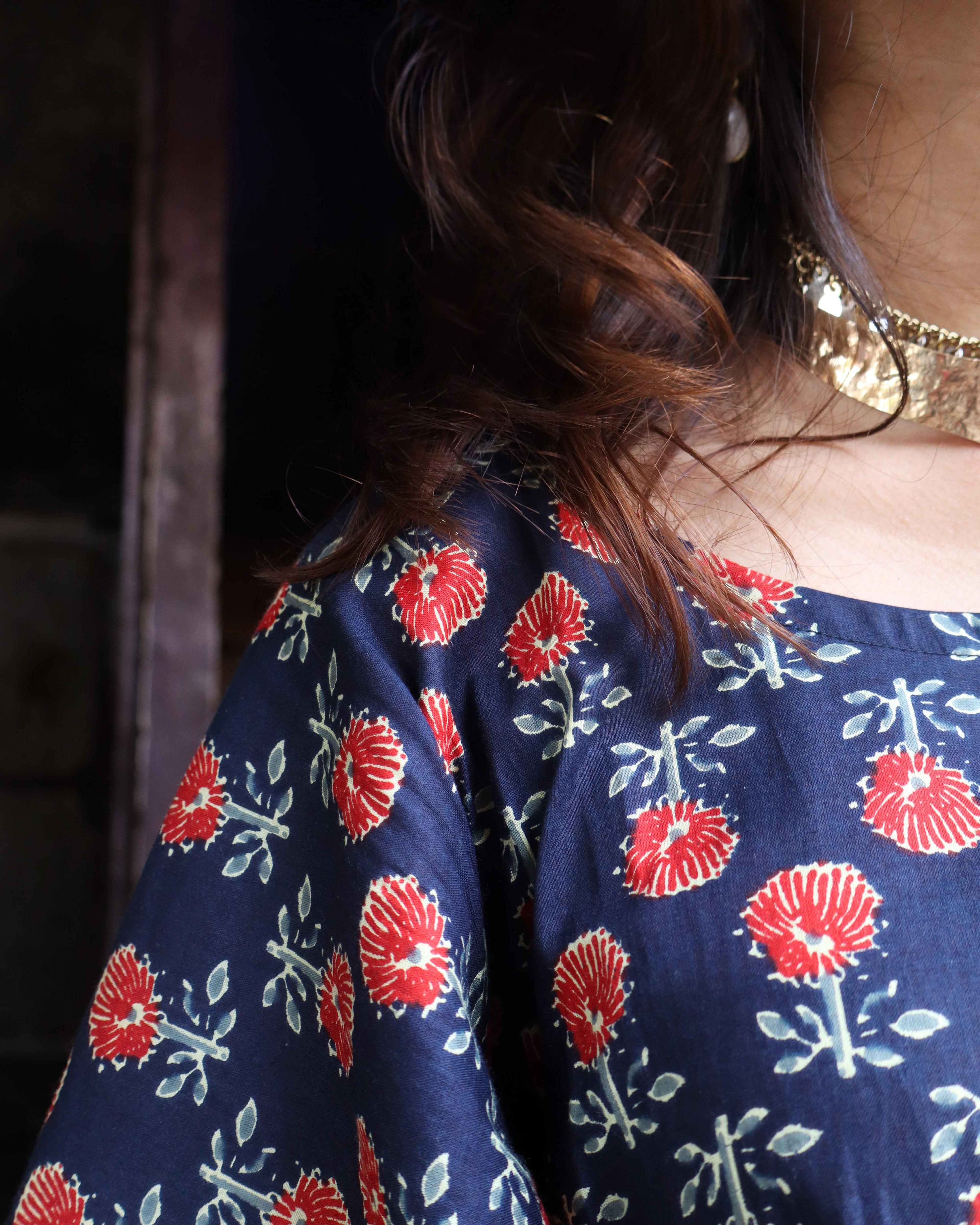 Idam Indigo - Half Sleeves Cotton Printed Kaftan