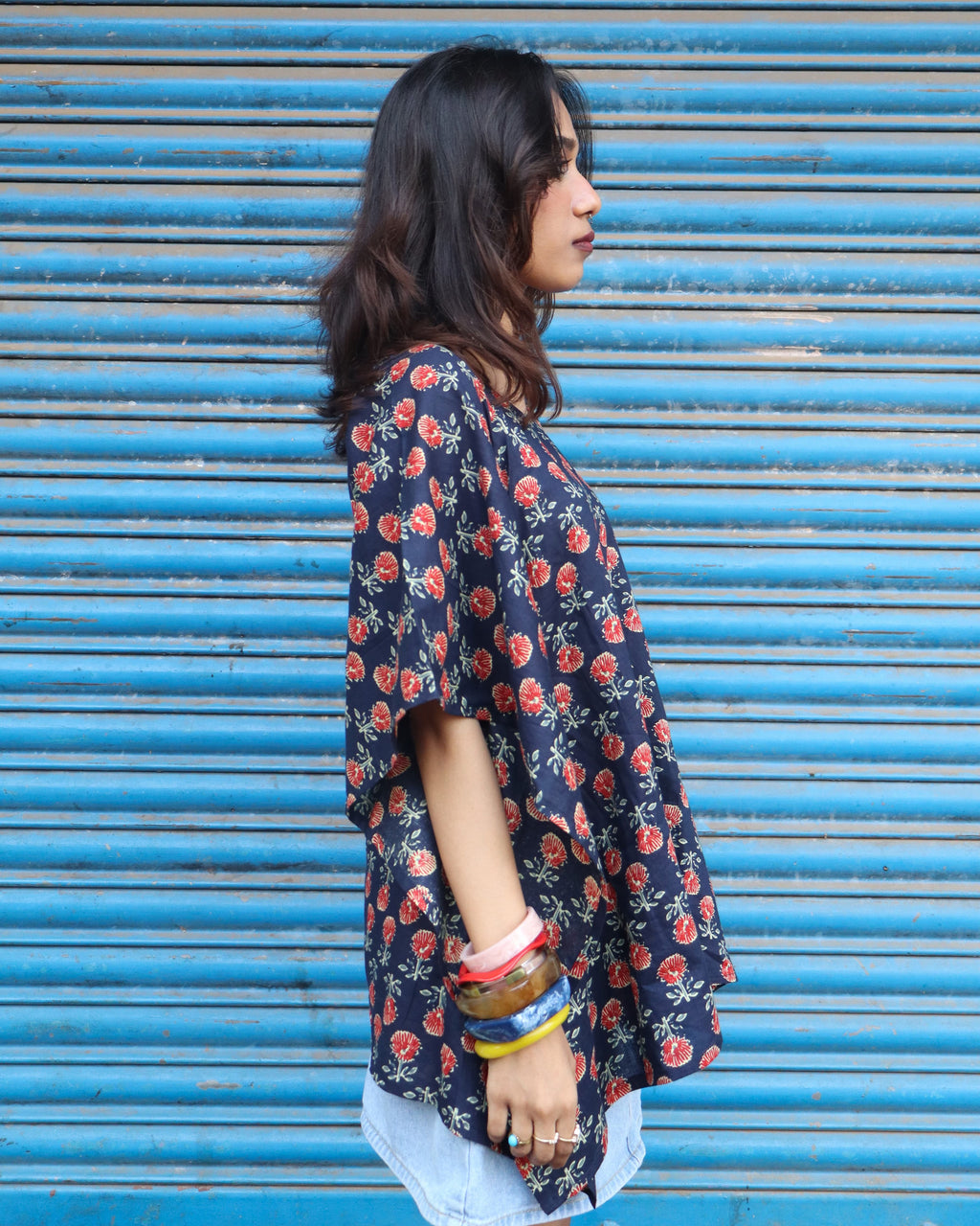 Idam Indigo - Half Sleeves Cotton Printed Kaftan