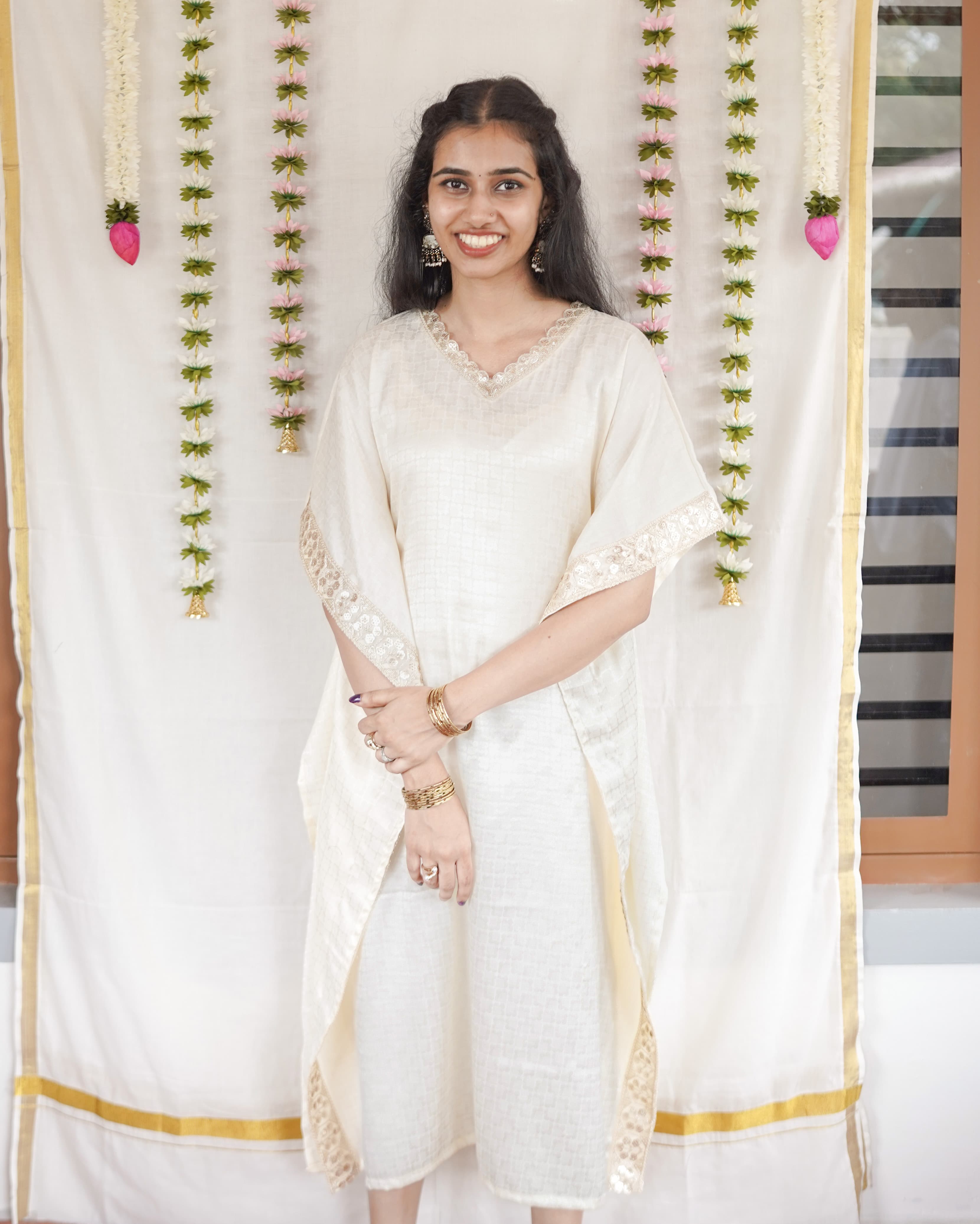 Mullai-Ivory Cotton Brocade Festive Kaftan