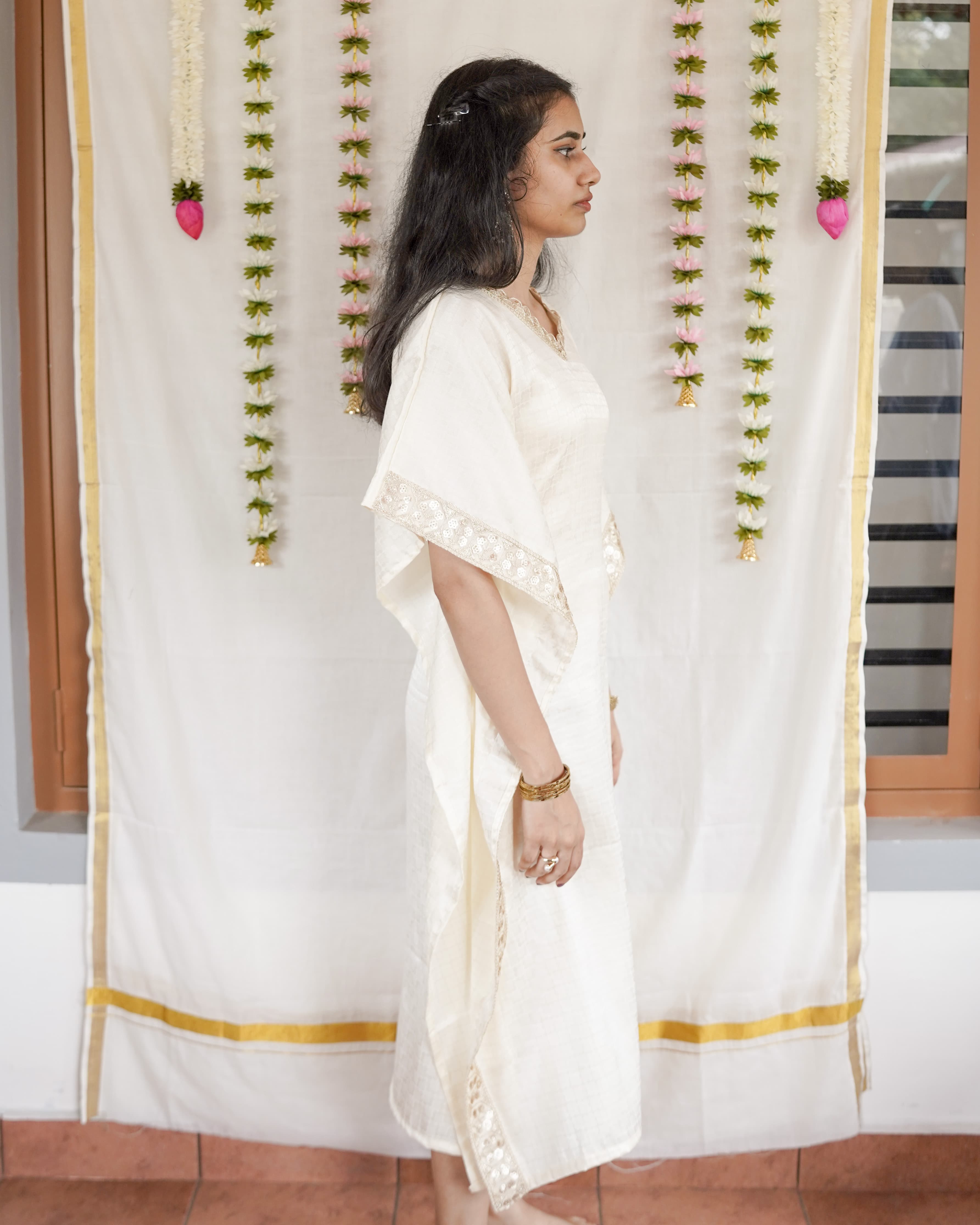 Mullai-Ivory Cotton Brocade Festive Kaftan