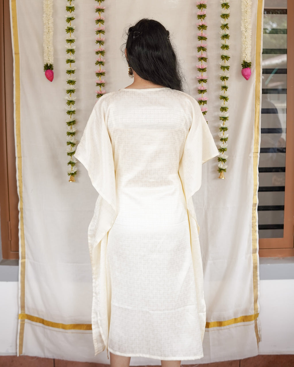 Mullai-Ivory Cotton Brocade Festive Kaftan