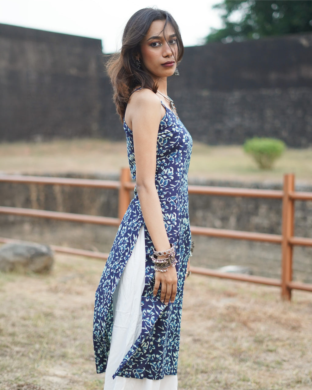 Nayam Blue - Sleeveless Printed Long Kurta