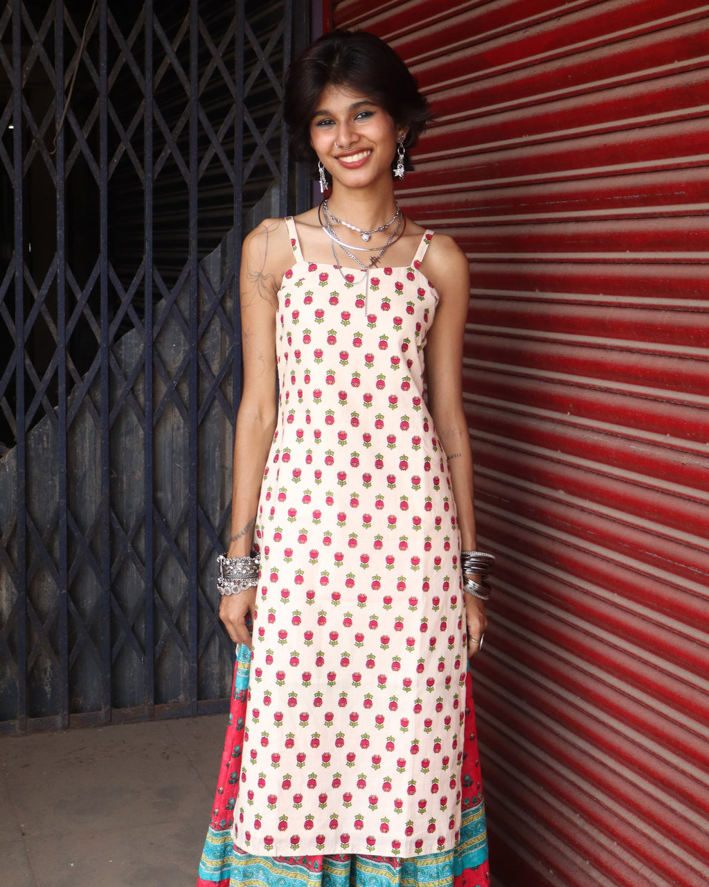 Nayam Cream - Sleeveless Printed Long Kurta