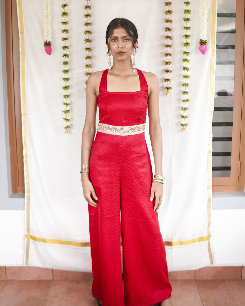 Rosa - Red Cotton Brocade Festive Jumpsuit