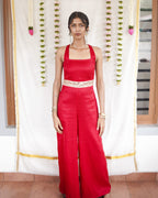 Rosa - Red Cotton Brocade Festive Jumpsuit