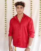 Rosa -  Red Cotton Brocade Men’s Festive Shirt