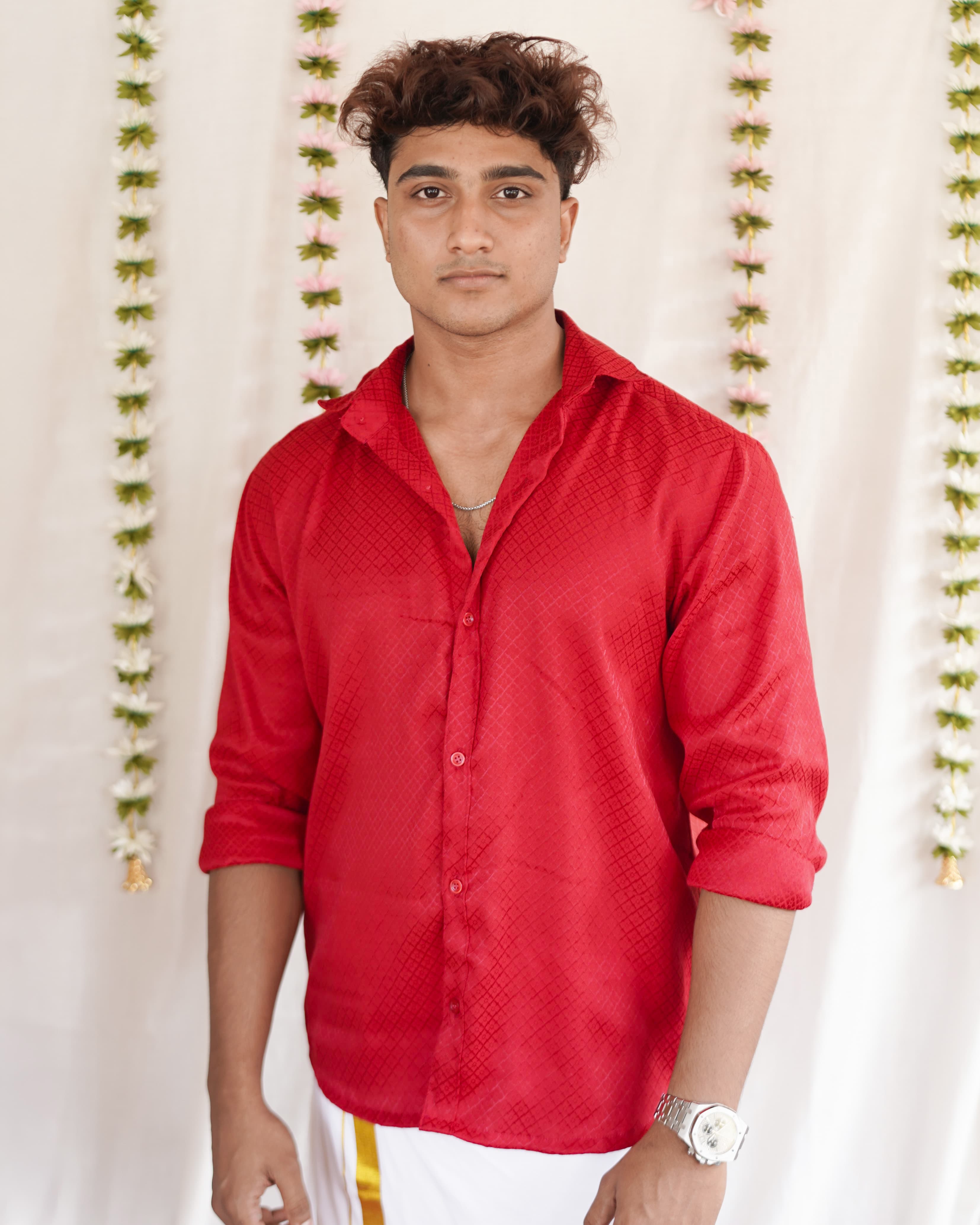 Rosa -  Red Cotton Brocade Men’s Festive Shirt