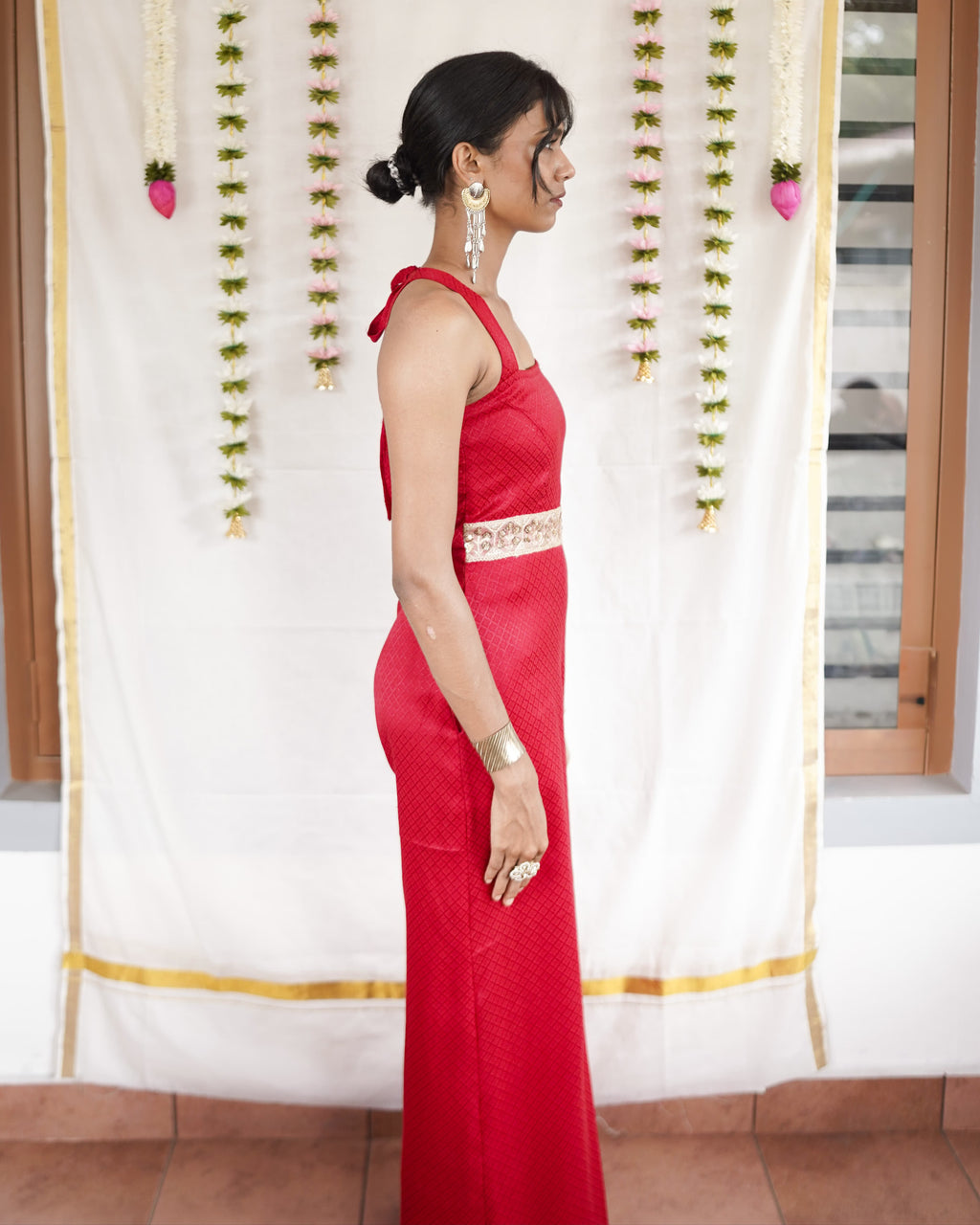Rosa - Red Cotton Brocade Festive Jumpsuit