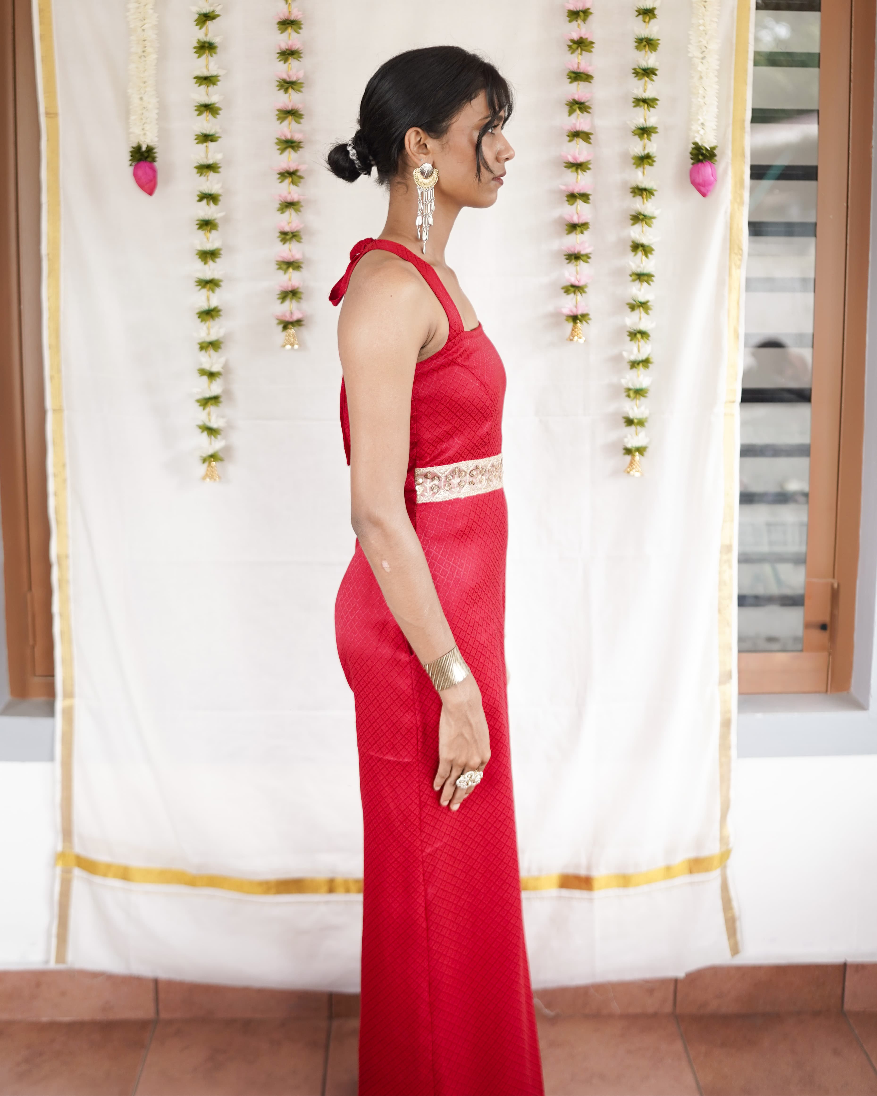 Rosa - Red Cotton Brocade Festive Jumpsuit