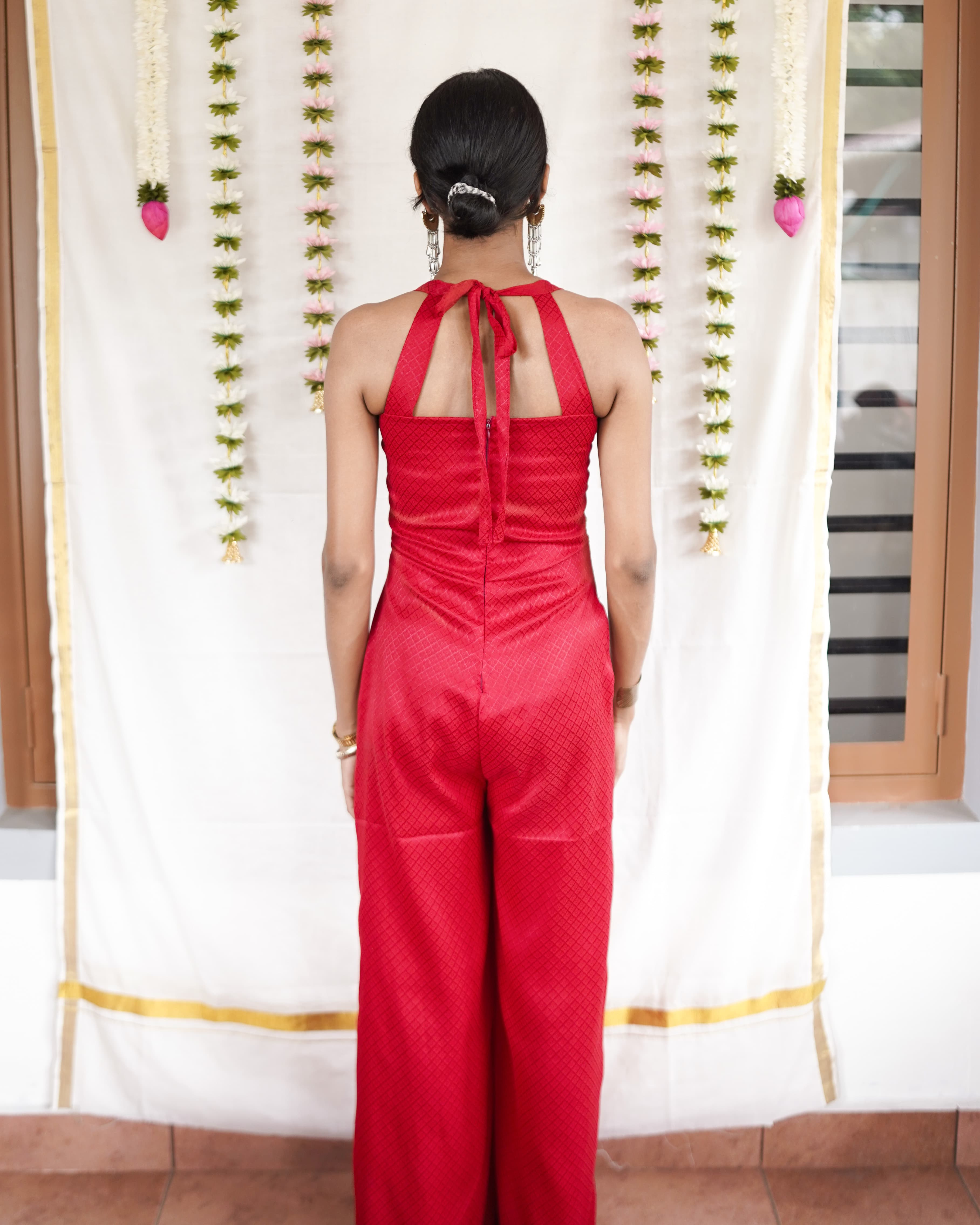 Rosa - Red Cotton Brocade Festive Jumpsuit