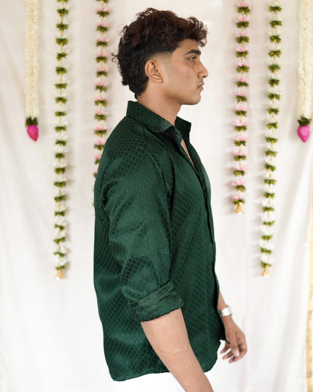 Thechi -  Dark Green Cotton Brocade Men’s Festive Shirt