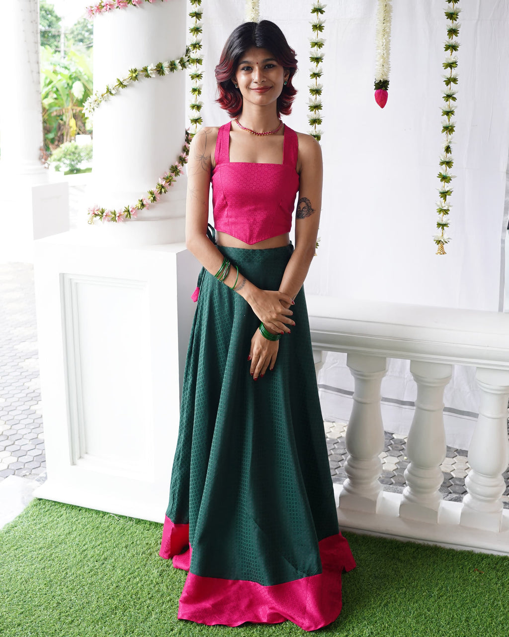 Thechi-Dark Green Cotton Brocade Festive Skirt
