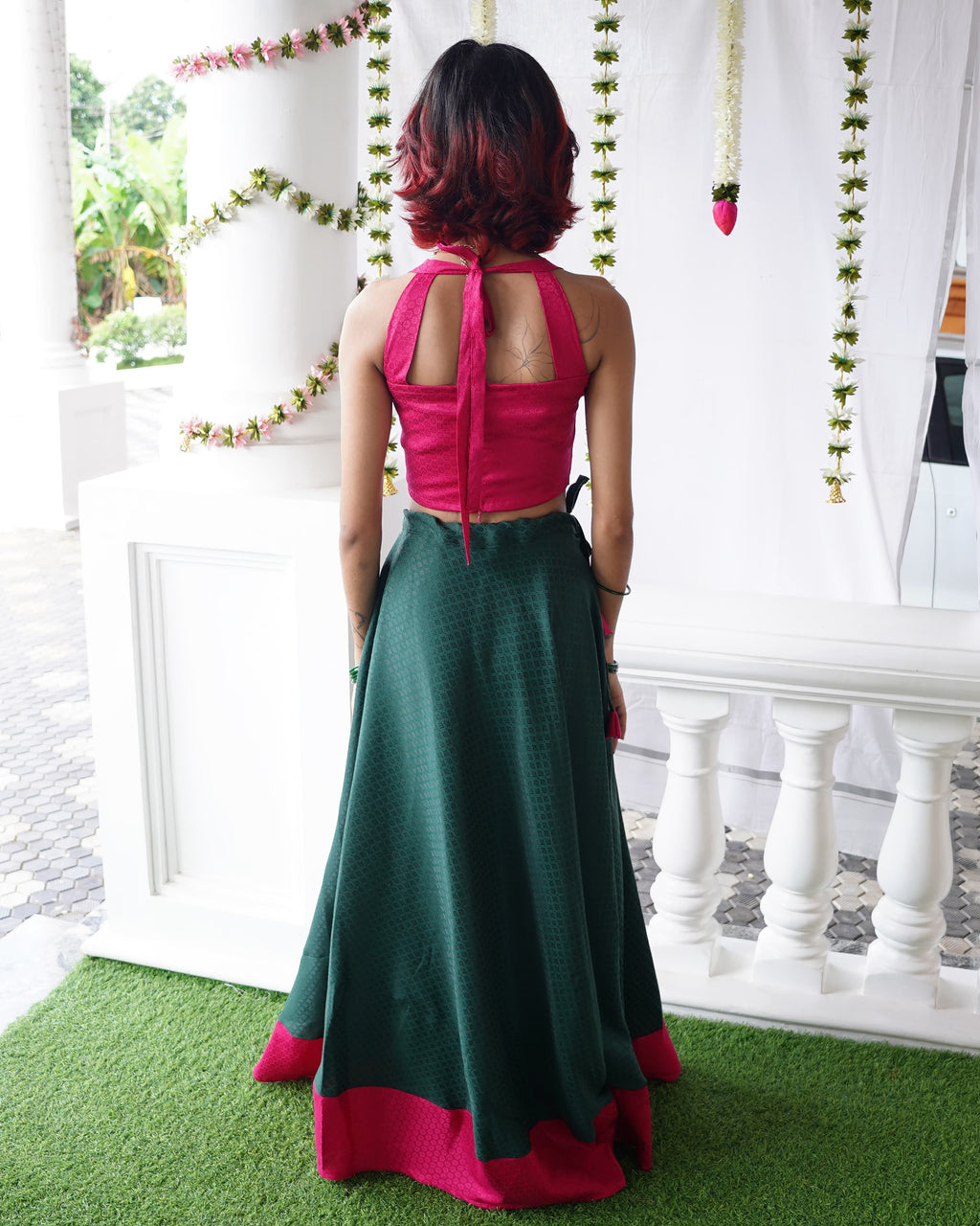 Thechi-Dark Green Cotton Brocade Festive Skirt