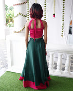 Thechi-Dark Green Cotton Brocade Festive Skirt