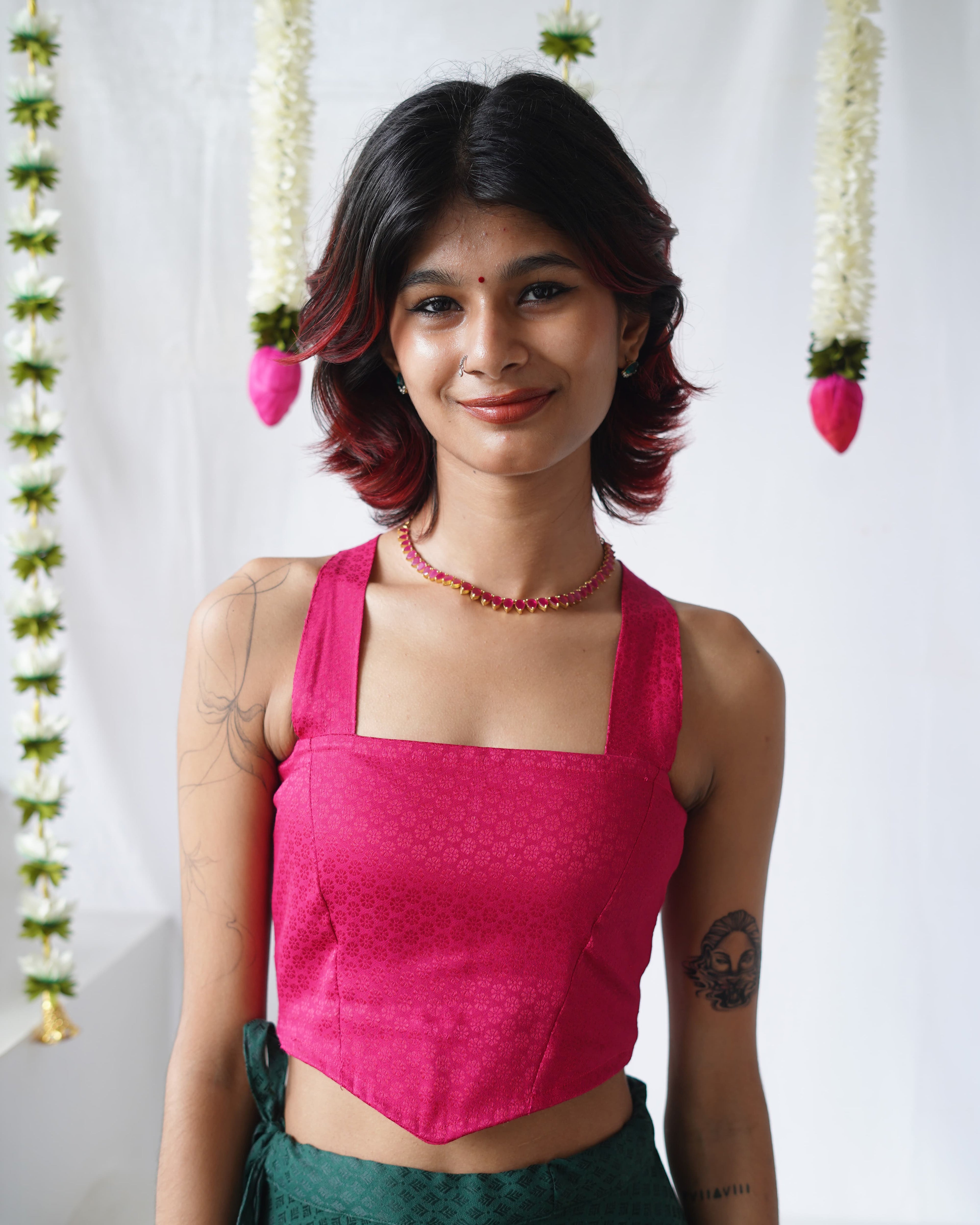 Thechi-Rani Pink Cotton Brocade Festive Top