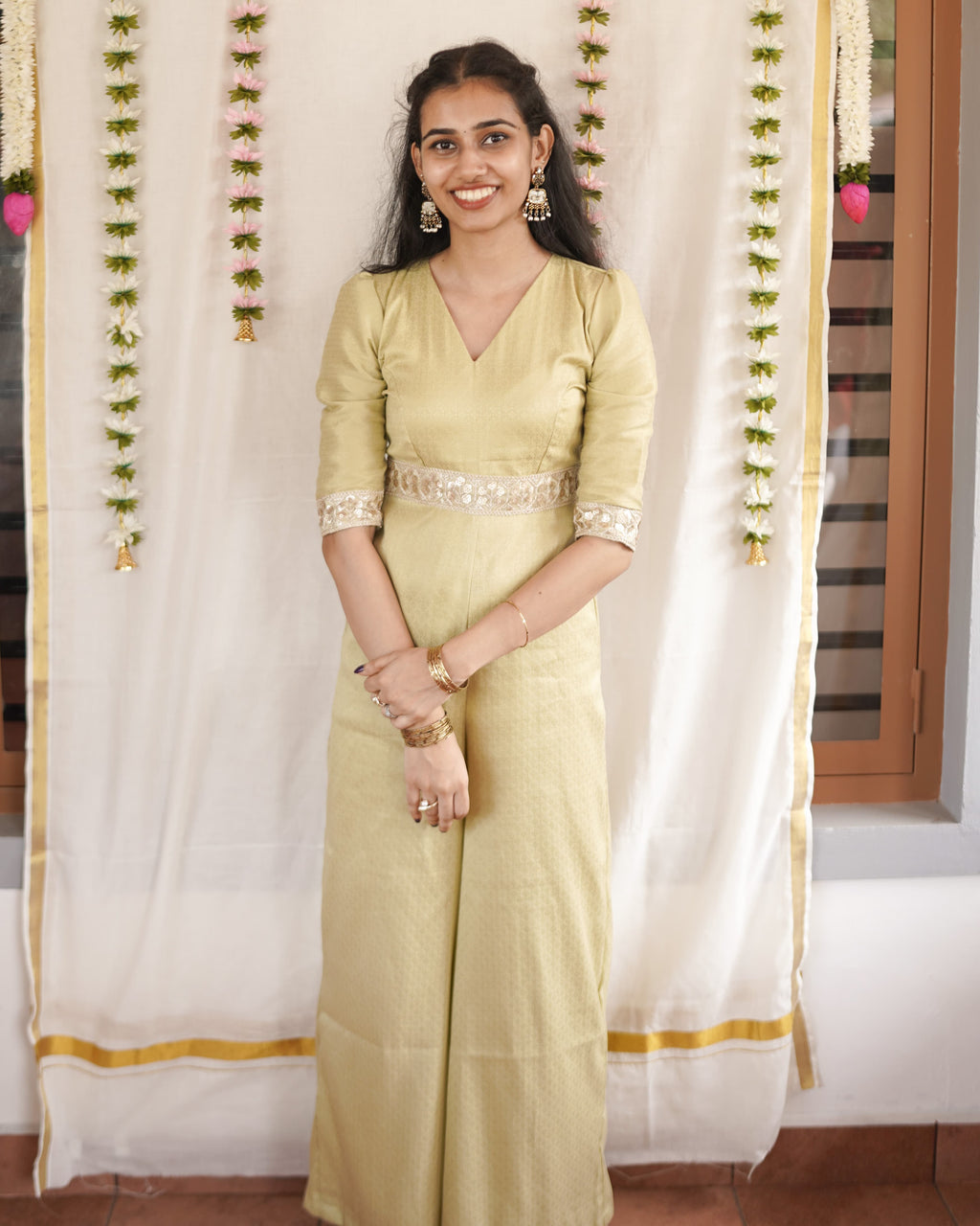 Thumba - Sage Green Cotton Brocade Festive Jumpsuit